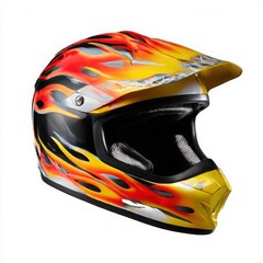 Fototapeta premium Colorful flame pattern motocross helmet isolated on white background