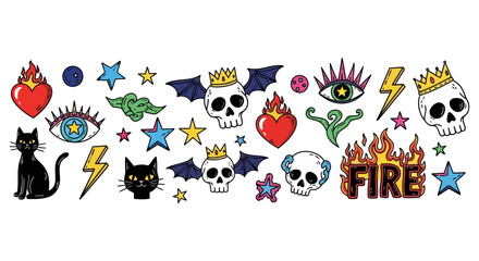 Spooky Occult Elements Vector Cats, Skulls, Flames and Eye Symbols