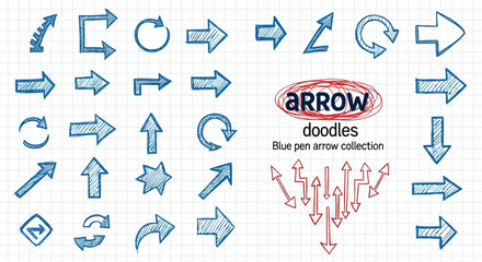 Blue Pen Arrow Doodles Collection Hand-Drawn Vector Arrows for Creative Projects