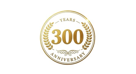 Fototapeta premium Golden Emblem Celebrating Three Hundred Years with Laurel Wreath and Ornate Scrollwork