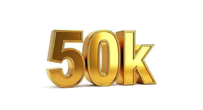 Golden embossed 50k symbol on a plain white backdrop signifying milestone success