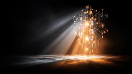 Abstract digital network structure illuminates with a bright spotlight in dark space