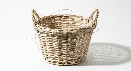 Obraz premium Handwoven wicker basket featuring a rustic texture against a bright white background