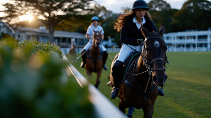 A determined female rider skillfully navigating her horse in an expansive outdoor arena, capturing the spirit of equestrian sport and the bond with her horse.