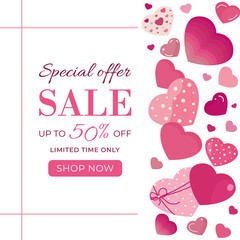 Romantic Valentine’s Day sale banner with pink and red hearts, elegant typography, and modern flat design. Perfect for holiday discounts, love promotions, web ads, and greeting cards.