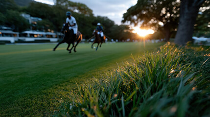 Obraz premium An exhilarating scene captures two polo players racing their horses at sunset, showcasing the thrill of the sport and the beauty of the surroundings in perfect harmony.