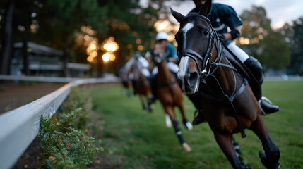 Polo players intensely compete in a thrilling race, fully engaged in the moment, depicting an adrenaline-filled day on the pristine field during the golden hour.