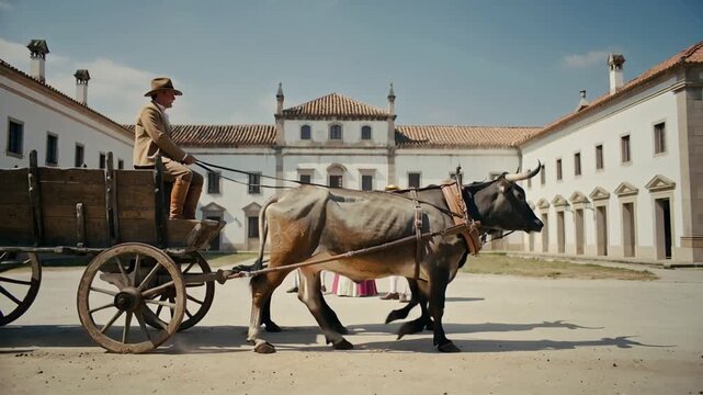  Un arriero con su carreta  rustica entrando a una plaza colonial