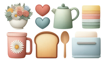 Colorful Kitchen and Decor Elements on Transparent Background for Creative Projects