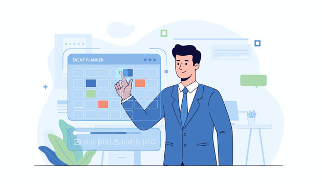 Modern flat illustration of a smiling businessman in a blue suit interacting with a futuristic digital event planner interface, scheduling appointments and managing activities on a transparent