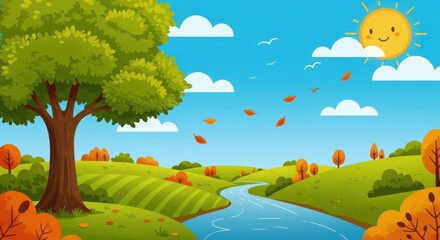 Obraz premium Lush rolling countryside scenery features a winding river under a bright, happy sun