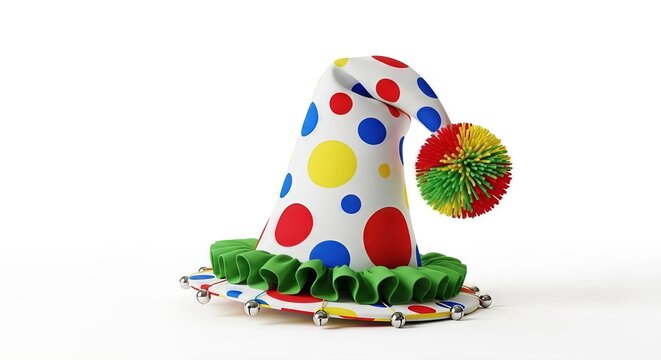 Isolated whimsical clown hat adorned with vibrant dots and playful pom-pom detailing