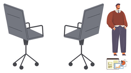 Fototapeta premium Two office chairs, a man in business attire standing confidently, charts and documents highlighting work focus. Ideal for workplace, teamwork, innovation, strategy, leadership, planning simple flat