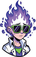Sad boy with burning purple hair wearing sunglasses cartoon style