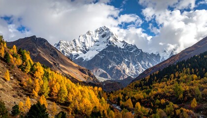 Scenic mountain valley in autumn, trees in golden hues, snow-capped peaks under a cloudy blue sky