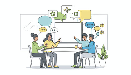 Diverse group of people engaged in a lively discussion around a table, with speech bubbles symbolizing communication, ideas, and problem-solving, set in a modern office or meeting room environment