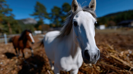 Fototapeta premium A striking close-up of a white horse surrounded by natural beauty, showcasing its elegant features and the vibrant outdoors, perfect for equestrian and nature themes.