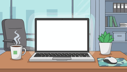 Modern office desk setup featuring a laptop with a blank white screen, a steaming cup of coffee, a computer mouse on a camouflage mat, a potted succulent plant, and a swivel chair in the background