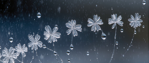 Delicate crystalline flower frost pattern from translucent raindrop. serene abstract winter background with cold moisture