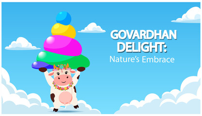 Govardhan Puja Cute Cow Lifting Hill Cartoon Vector Art