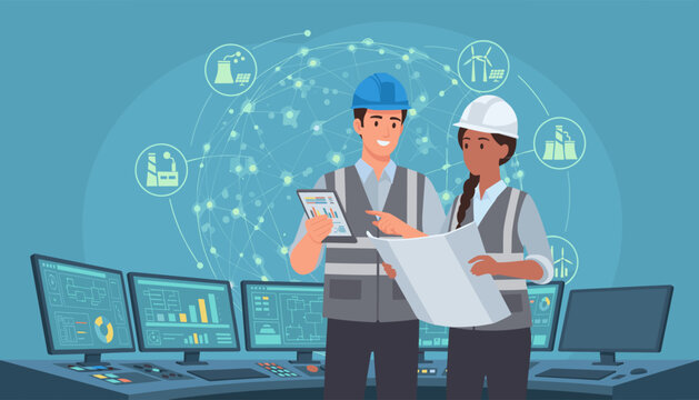 Male and female industrial engineers in hard hats and vests collaborating in a control room, reviewing blueprints and tablet data, with a global network and industry icons symbolizing smart - Powered by Adobe