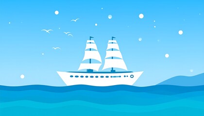 Serene seascape with a white sailing ship under a light blue sky with birds and gentle waves