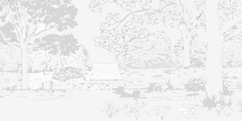 Obraz premium Serene park bench and stone steps surrounded by lush trees and foliage in a peaceful garden setting