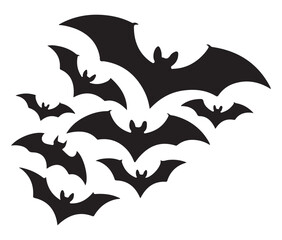 Fototapeta premium Flock of bat silhouettes flying in a group vector illustration for Halloween designs and spooky themes isolated on white background