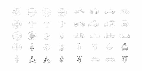 Collection of hand drawn transportation icons including bicycles cars and abstract circular designs