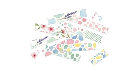 Fototapeta premium Pastel Watercolor Washi Tape Collection with Floral and Abstract Designs Scattered Artistically