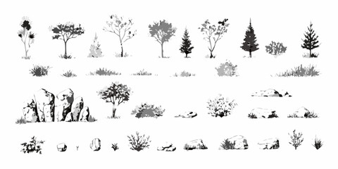 Collection of hand drawn black and white trees bushes grass and rocks elements for design