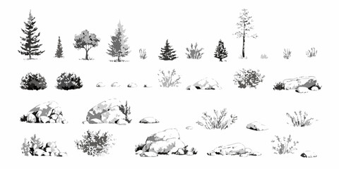 Collection of hand drawn forest elements including trees bushes and rocks in black and white