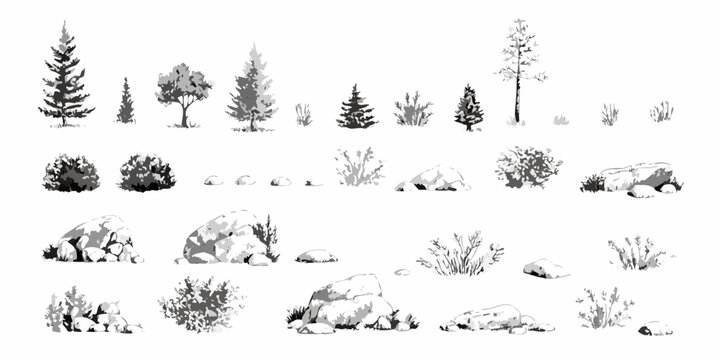 Collection of hand drawn forest elements including trees bushes and rocks in black and white