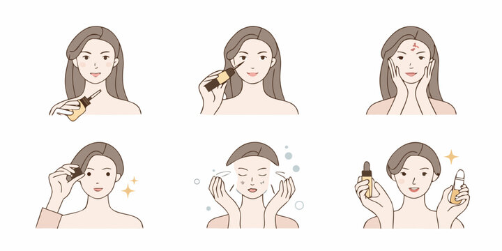 Woman applying skincare products step by step for healthy glowing skin and clear complexion