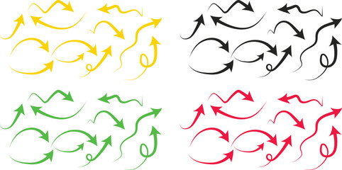 Hand Drawn Doodle Style Arrows in Various Shapes and Colors, Directional Sketch Elements, Collection hand drawn arrows, Arrow mark icons