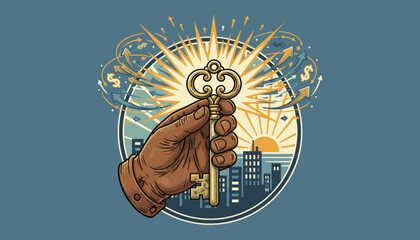 Golden vintage key held in a hand, symbolizing success and opportunity, with a bright light flash, upward arrows, and dollar signs indicating financial growth and prosperity against a cityscape