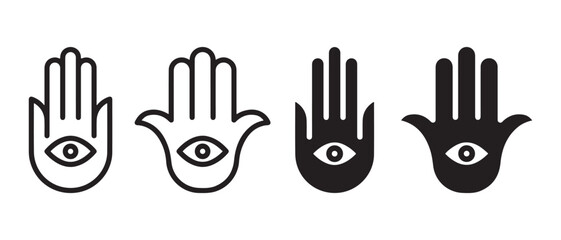 Hamsa hand with eye icon set. ancient protective symbol, palm of fatima.