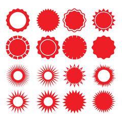 Collection of red badge, seal, and sunburst shapes. Vector design elements for labels, logos, certificates, and sale tags. Decorative circular and starburst symbols in red color.
