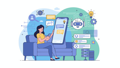 Modern illustration of a woman comfortably seated on a sofa, engaging in an online chat with an AI chatbot via her smartphone, surrounded by digital interfaces, data servers, and futuristic