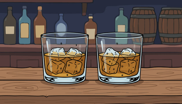 Two glasses of amber whiskey filled with ice cubes sit on a rustic wooden bar counter, with bottles and barrels blurred in the background, evoking a cozy and classic bar atmosphere for a relaxing
