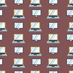 Seamless pattern featuring laptops and desktop screens arranged neatly on a brown background, perfect for technology, office, and digital themed designs and wallpapers