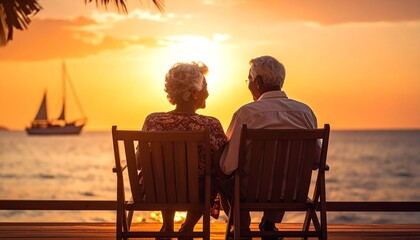 An elderly couple sitting on chairs, watching the sunset over the ocean, with a sailboat.