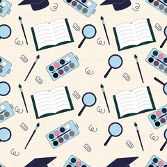 Seamless pattern featuring education and school elements such as books brushes caps and magnifiers on light beige background ideal for study art and learning themed designs
