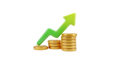 3d icon of green arrow graph with coins isolated on transparent background