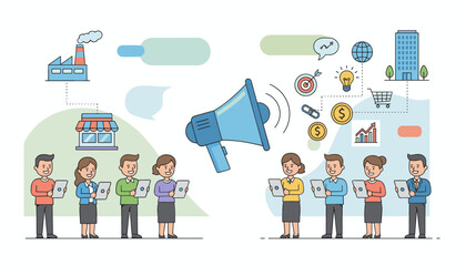 Modern flat vector illustration of business marketing concept, showing a megaphone broadcasting to a diverse group of people holding tablets, with icons representing strategy, finance, and global