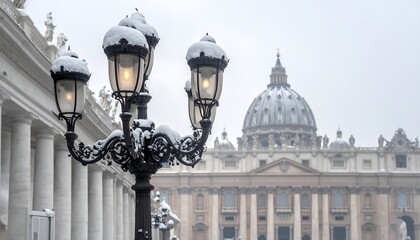 Snow-covered ornate street lamp with glowing bulbs, grand building with dome in background under overcast sky