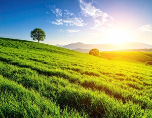Green Meadow with Sunlight and Scattered Trees Under Bright Blue Sky Summer Landscape Scene Scenic View Serene Green Hillside Rural Scene Nature Backdrop