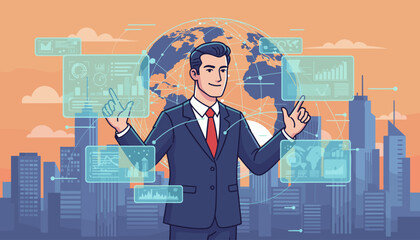 A dynamic illustration of a businessman in a suit and tie, confidently interacting with futuristic holographic digital interfaces displaying charts and data, set against a backdrop of a stylized