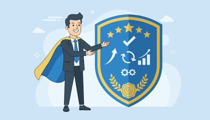 A smiling businessman in a suit and cape presents a shield symbolizing top service quality, featuring stars, a checkmark, growth charts, and gears, representing business excellence and customer