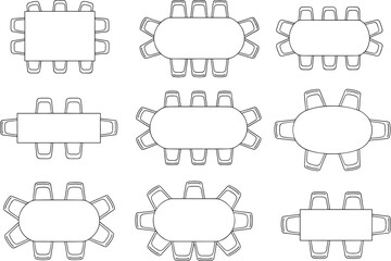 Fototapeta premium Table, chair, top, view, layout, seating, arrangement, furniture, dining, meeting, vector, sketch, outline, 